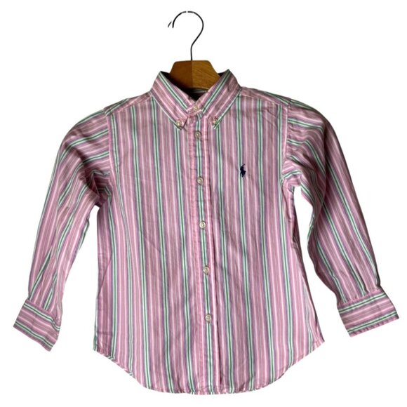 Ralph Lauren Shirt Boys 4 Pink Green Stripe Cotton Button Down Preppy NWT - Picture 1 of 9